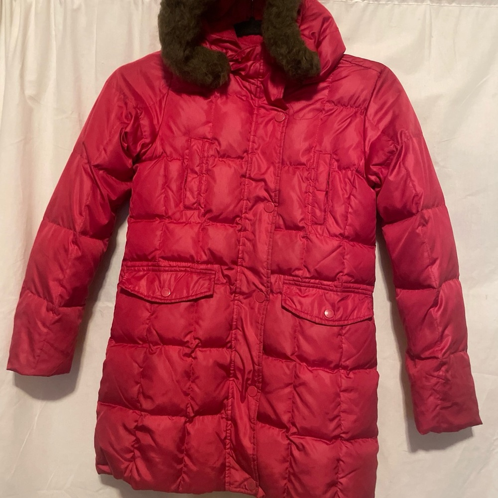 Girls Gap Pink Puffer Jacket with Faux Fur Trimmed Hood